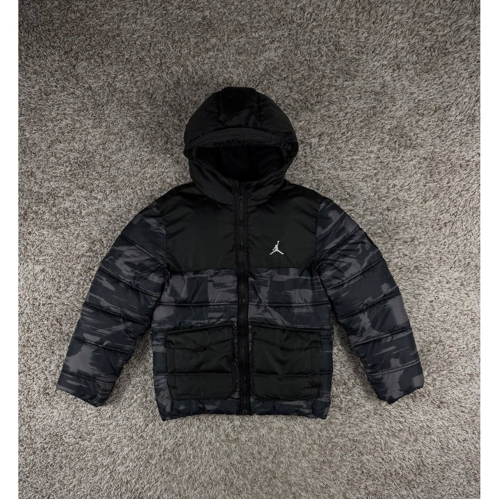 Jordan Boys Youth Puffer Jacket Size L 12-13 Years Black Gray Camo